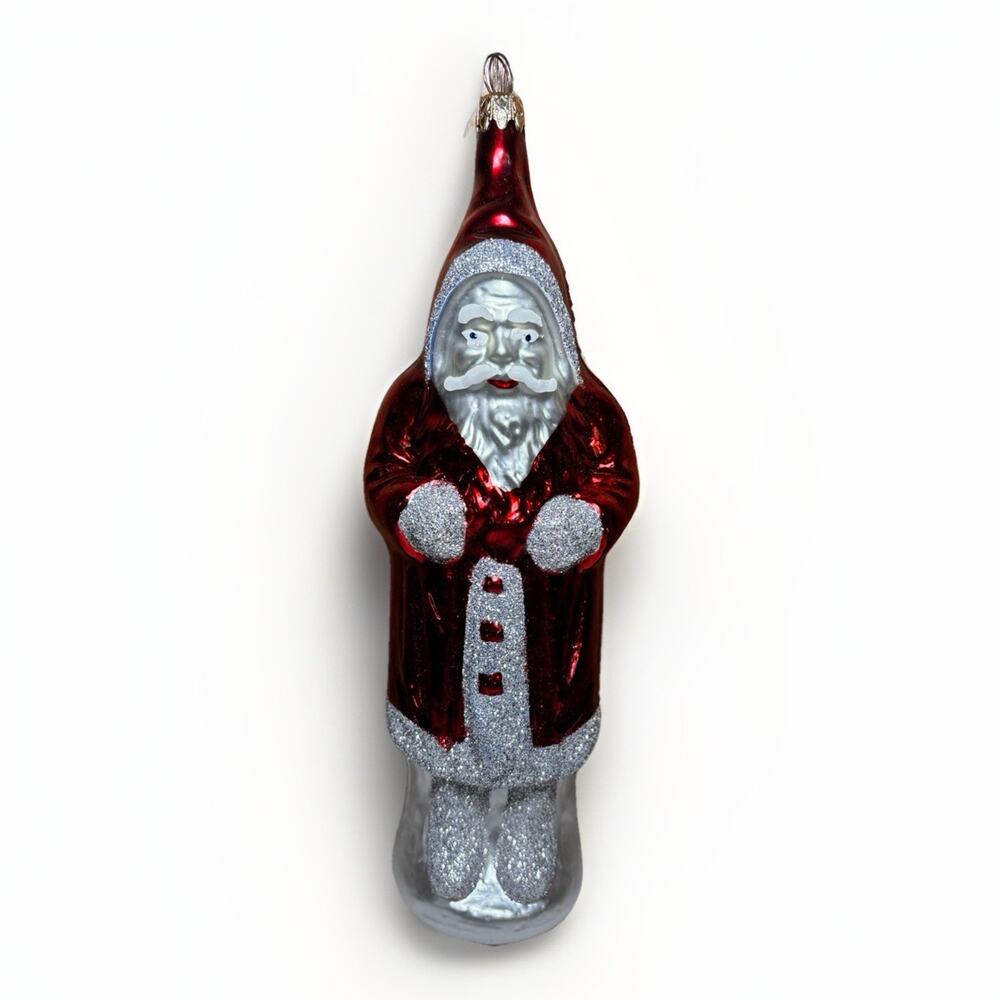 Vintage Glass Santa Ornament Red Silver Glitter Handcrafted Christmas Decoration